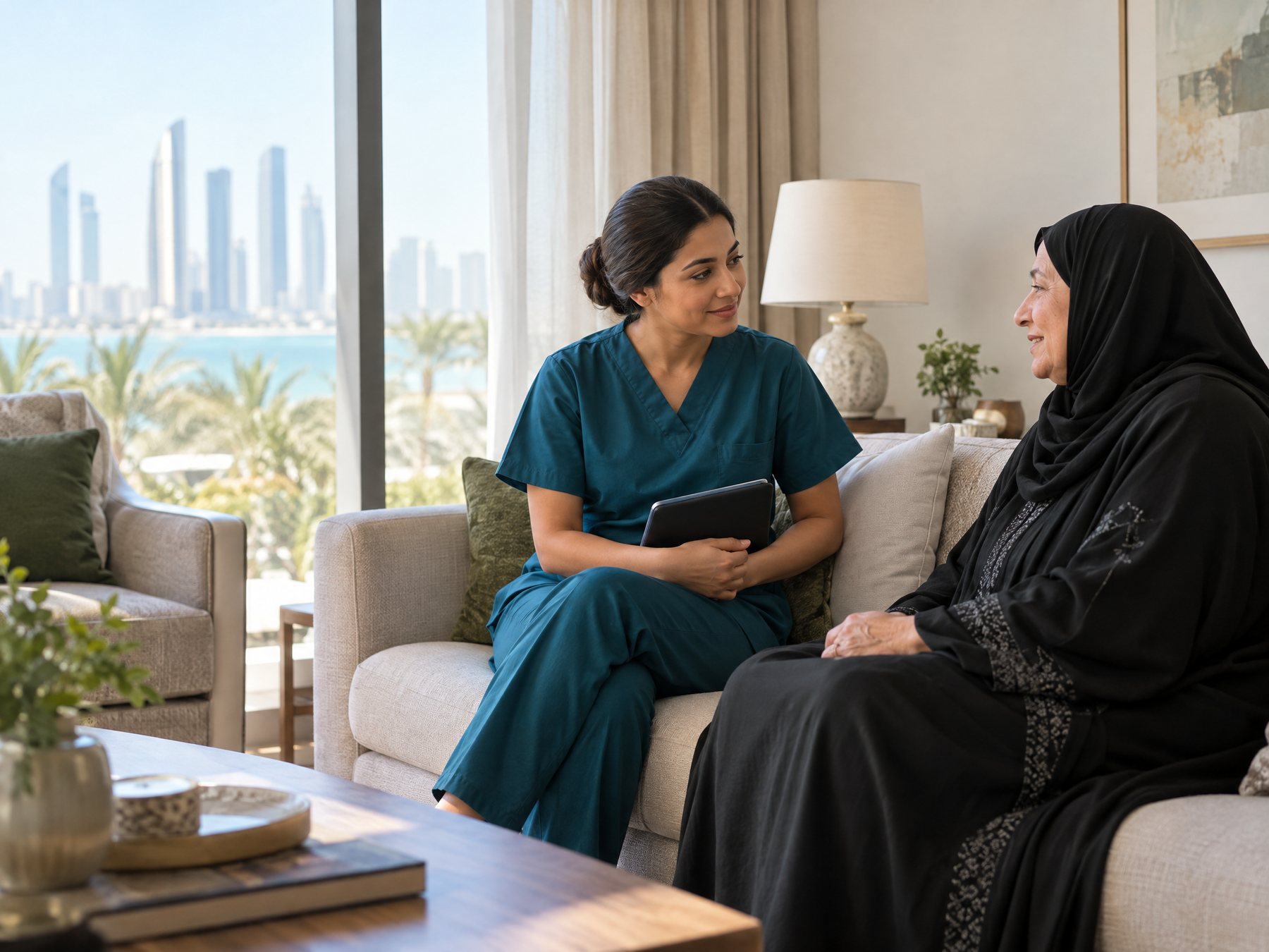 AI-generated illustration: a home-care nurse speaking with an older woman in a calm, bright UAE home.